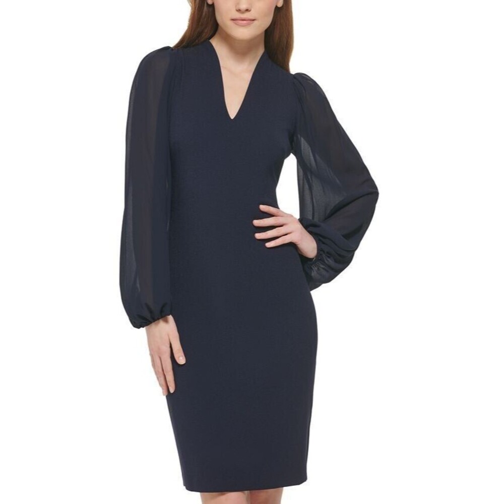 Vince Camuto Women's Balloon Sleeve Mixed Media Dress Navy Blue Size 4